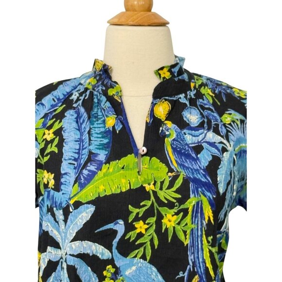 Banjanan Anthropologie Blue Bird Ruffle Top Short Sleeve Tropical Cotton Size XS - Picture 2 of 8